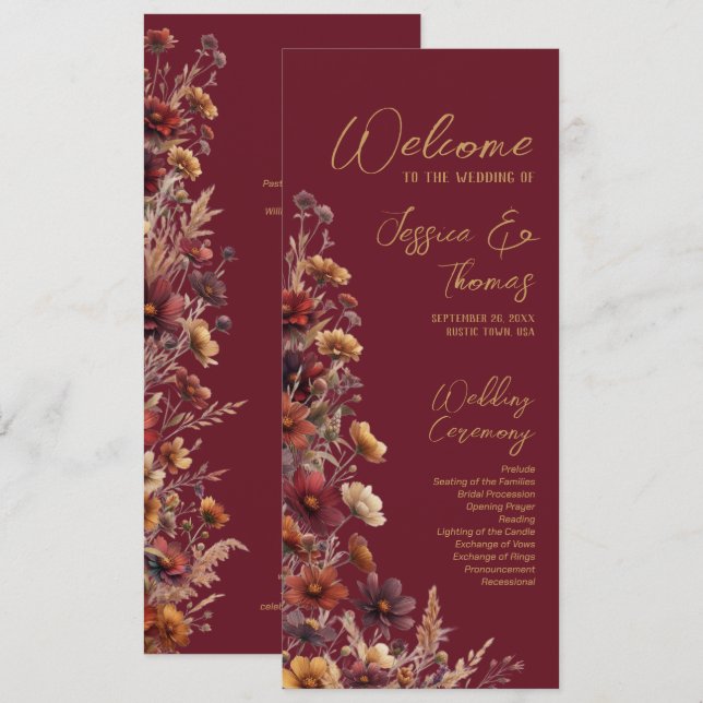 Rustic Boho Chic Wildflowers Burgundy Wedding Programme (Front/Back)