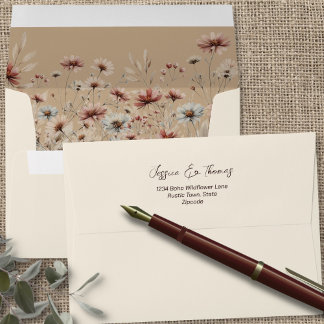 Rustic Boho Chic Wildflowers on Cream Wedding Envelope