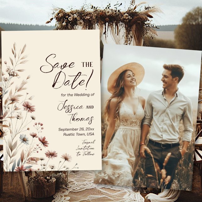 Rustic Boho Chic Wildflowers Photo Back Wedding  Save The Date (Front/Back)