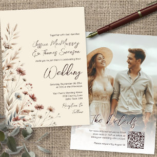 Rustic Boho Chic Wildflowers & Photo QR Wedding Invitation