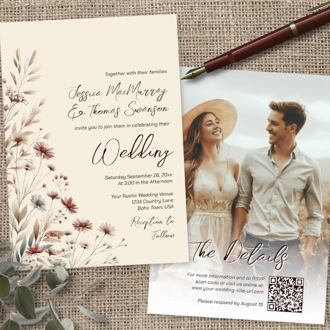Rustic Boho Chic Wildflowers & Photo QR Wedding Invitation (Front/Back)