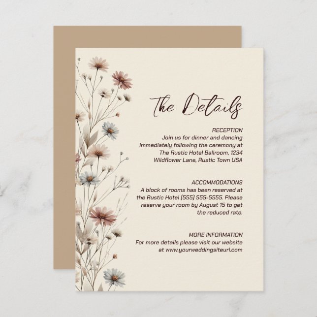 Rustic Boho Chic Wildflowers Wedding Details Enclosure Card (Front/Back)