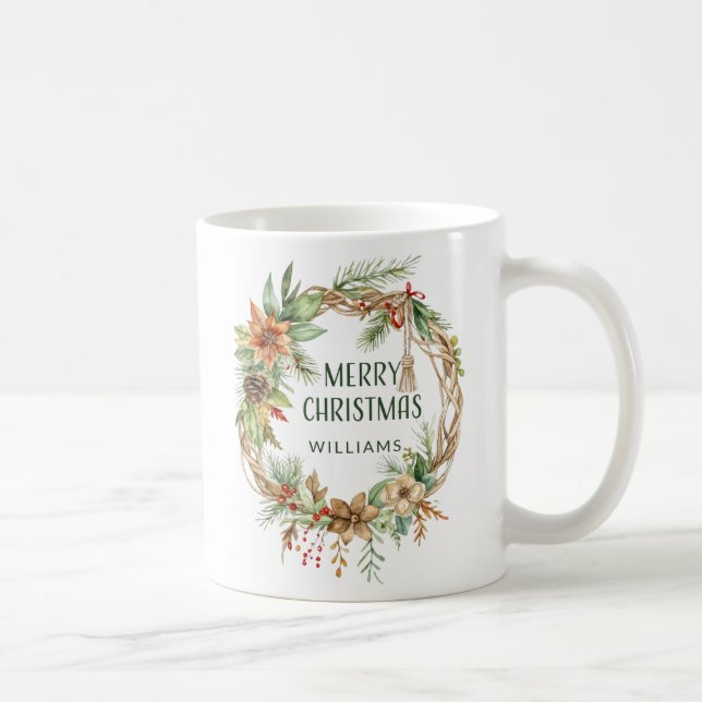 Rustic Boho Christmas Wreath Holiday  Coffee Mug (Right)