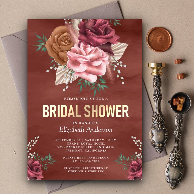 Rustic Boho Cinnamon Rose Floral Bridal Shower Invitation (Creator Uploaded)