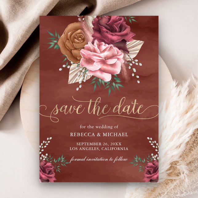 Rustic Boho Cinnamon Rose Floral Wedding Save The Date (Creator Uploaded)