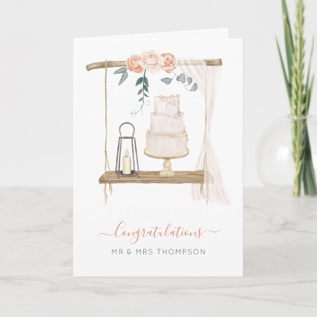 Rustic Boho Congrats Newlyweds Name Wedding Cake Card (Front)