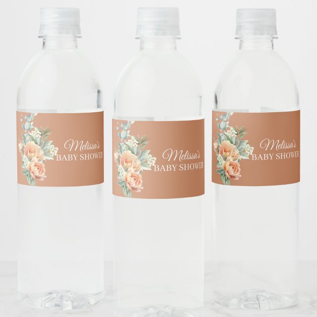 Rustic boho coral peach flower greenery water bottle label (Creator Uploaded)