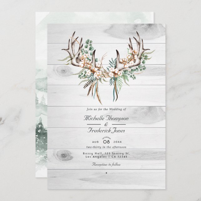 Rustic Boho Cotton and Eucalyptus QR Code Wedding Invitation (Front/Back)