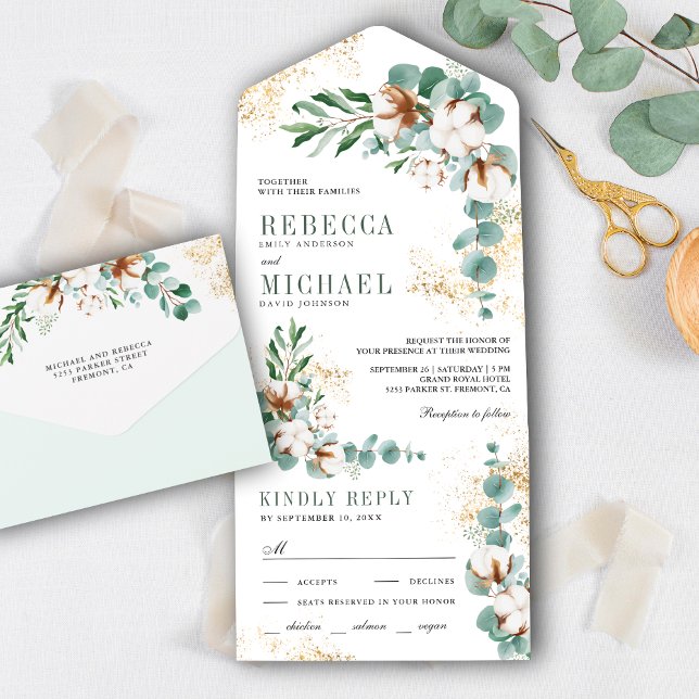 Rustic Boho Cotton Gold Eucalyptus Branch Wedding All In One Invitation (Creator Uploaded)