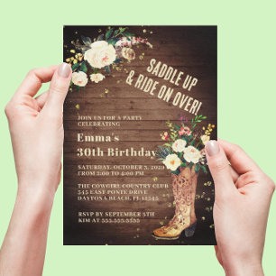 Rustic Boho Cowgirl Floral Boots Birthday Party Invitation