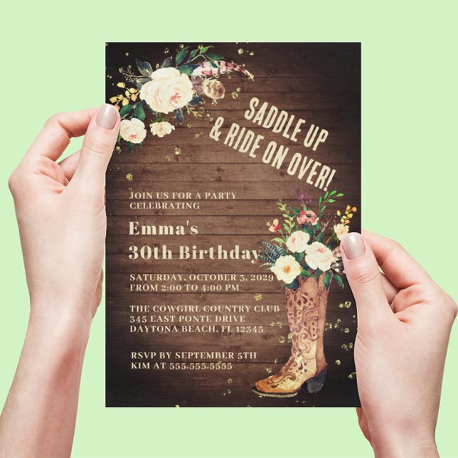 Rustic Boho Cowgirl Floral Boots Birthday Party Invitation (Creator Uploaded)