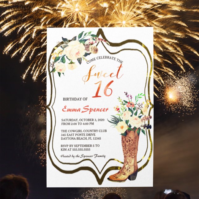 Rustic Boho Cowgirl Floral Boots Sweet 16 B'day Invitation (Creator Uploaded)