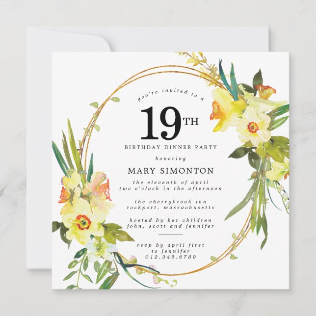 Rustic Boho Daffodil 19th Birthday Dinner Party Invitation (Front)