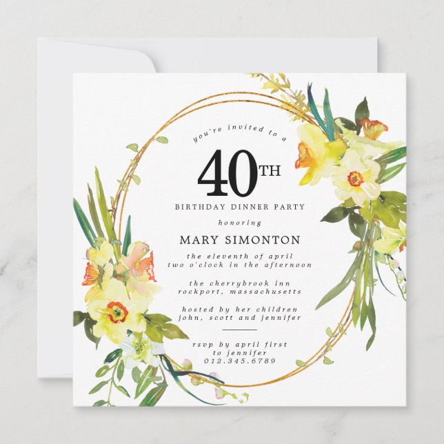 Rustic Boho Daffodil 40th Birthday Dinner Party Invitation (Front)