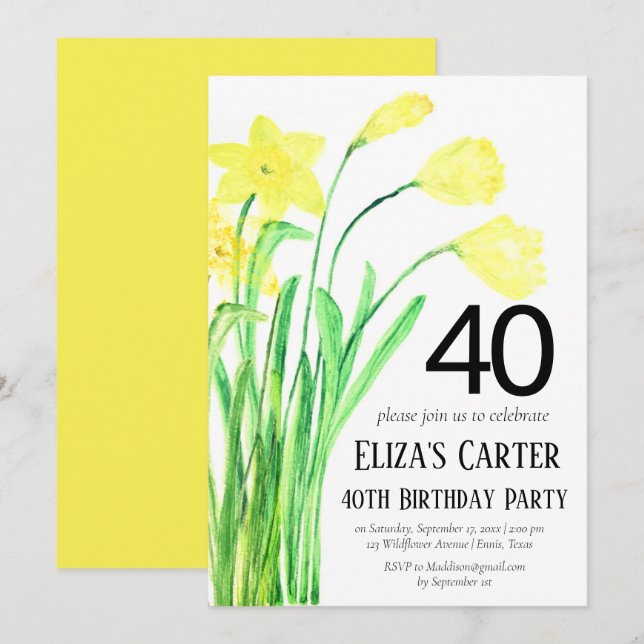 Rustic Boho Daffodil 40th Floral Elegant Birthday  Invitation (Front/Back)