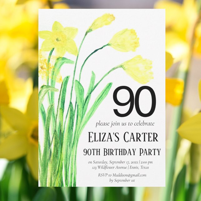 Rustic Boho Daffodil 90th Floral Elegant Birthday  Invitation (Creator Uploaded)