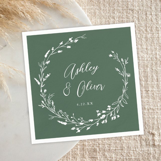 Rustic Boho Dark Green Wildflower Floral Wedding Napkin (Creator Uploaded)