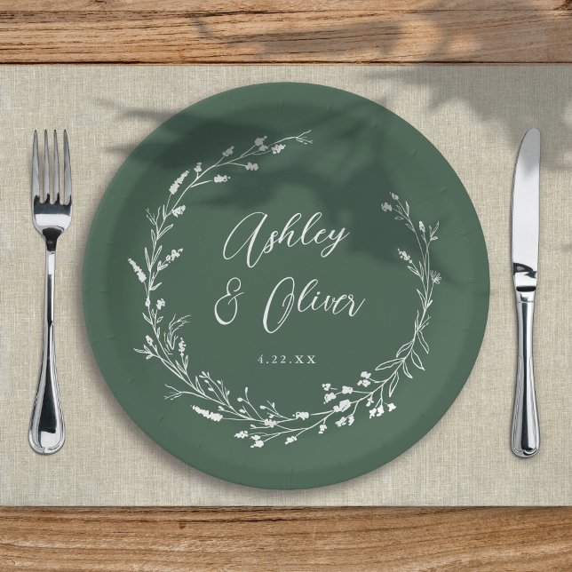 Rustic Boho Dark Green Wildflower Floral Wedding Paper Plate (Creator Uploaded)