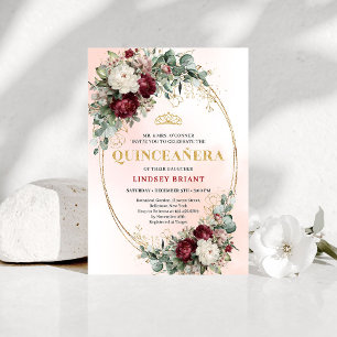 Rustic Boho Deep Red Floral Gold Quinceañera Invit Invitation