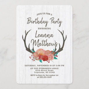 Rustic Boho Deer Antlers Birthday Party Invitation