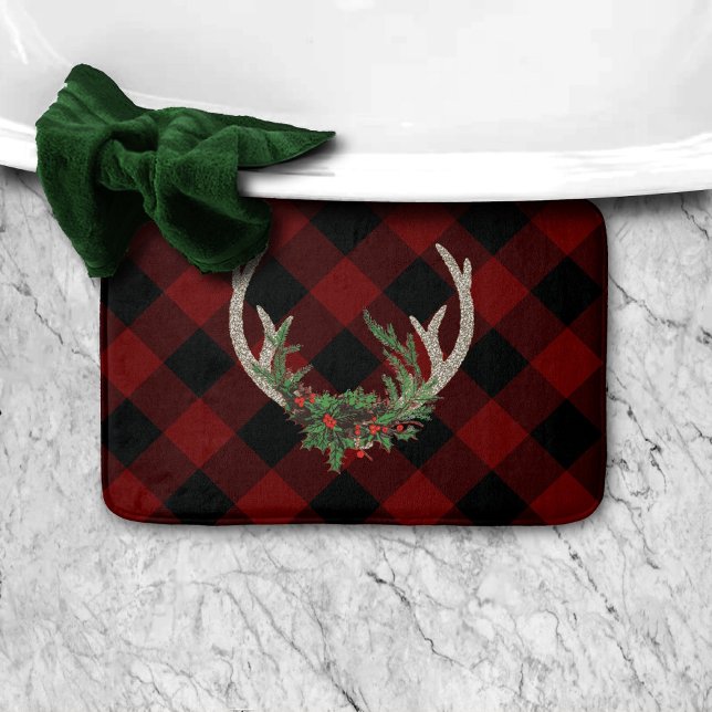 Rustic Boho Deer Antlers | Christmas Plaid Floral Bath Mat (Creator Uploaded)