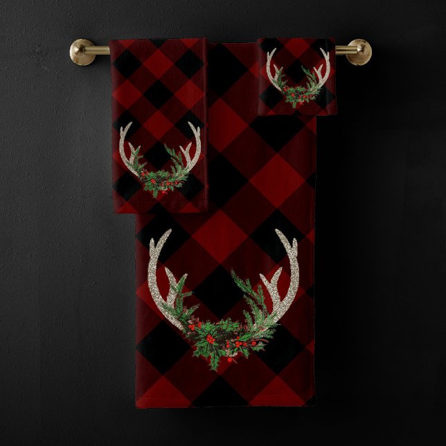 Rustic Boho Deer Antlers | Christmas Plaid Floral Bath Towel Set (Creator Uploaded)