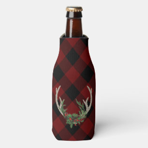 Rustic Boho Deer Antlers Christmas Plaid Floral Bottle Cooler