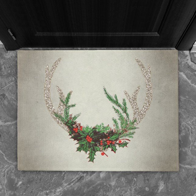 Rustic Boho Deer Antlers | Christmas Plaid Floral Doormat (Creator Uploaded)