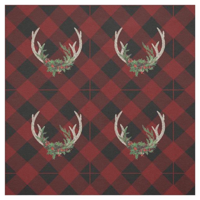 Rustic Boho Deer Antlers | Christmas Plaid Floral Fabric (Swatch)