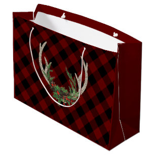 Rustic Boho Deer Antlers Christmas Plaid Floral Large Gift Bag