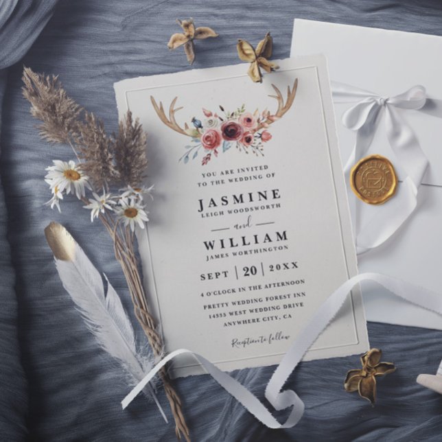 Rustic Boho Deer Antlers Modern Elegant Wedding Invitation (Creator Uploaded)
