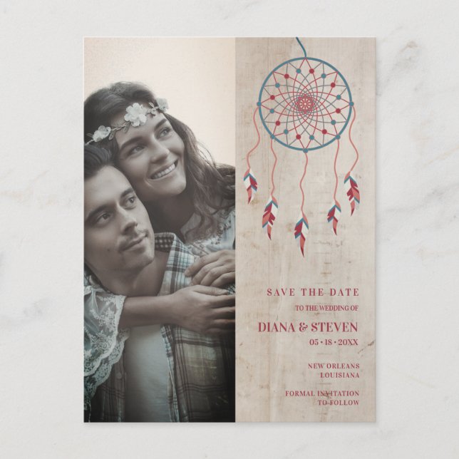 Rustic Boho Dreamcatcher Photo Couple Engagement Postcard (Front)