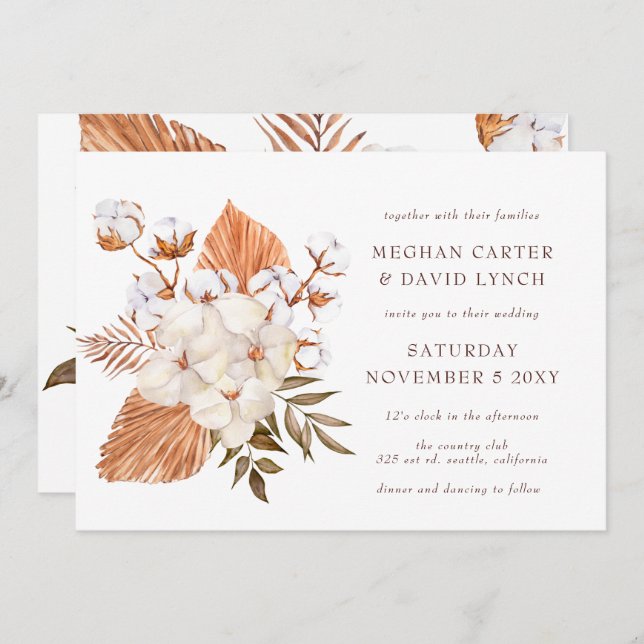 Rustic Boho  Dried Palm Cotton Tropical Wedding Invitation (Front/Back)