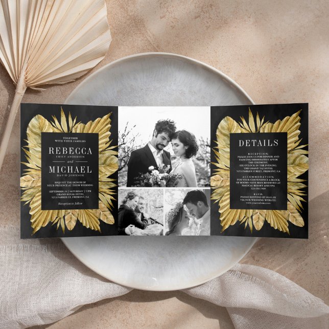 Rustic Boho Dried Palm Photo Collage Black Wedding Tri-Fold Invitation (Creator Uploaded)