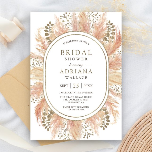Rustic Boho Dried Pampas Grass Oval Bridal Shower Invitation (Creator Uploaded)