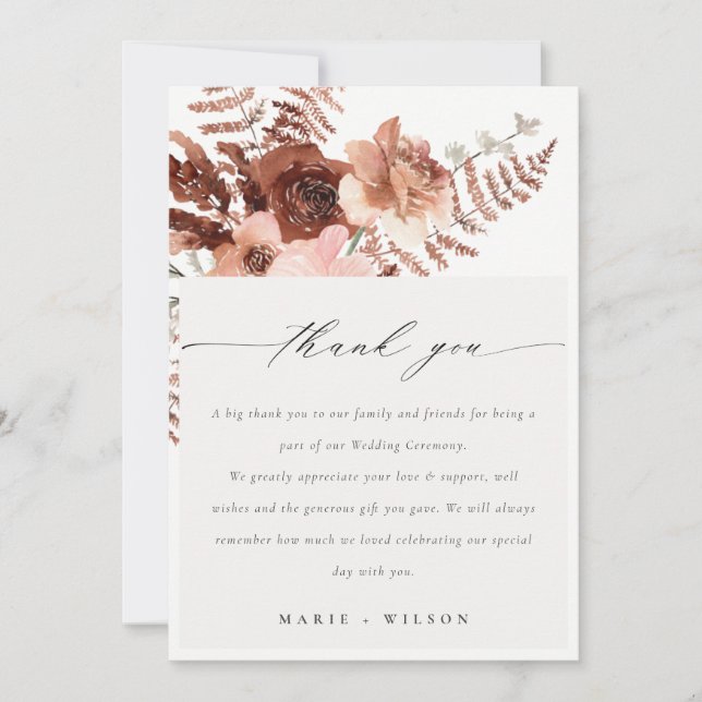 Rustic Boho Dried Rust Blush Fern Orchid Wedding Thank You Card (Front)