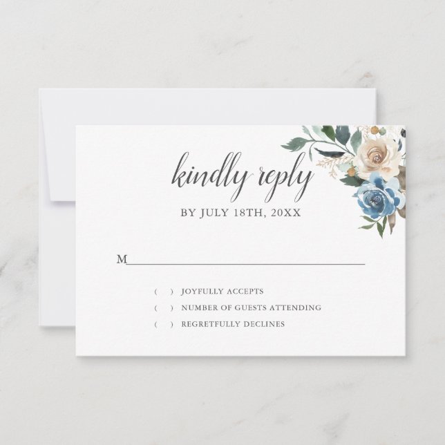 Rustic Boho Dusty Blue Flowers Wedding RSVP (Front)