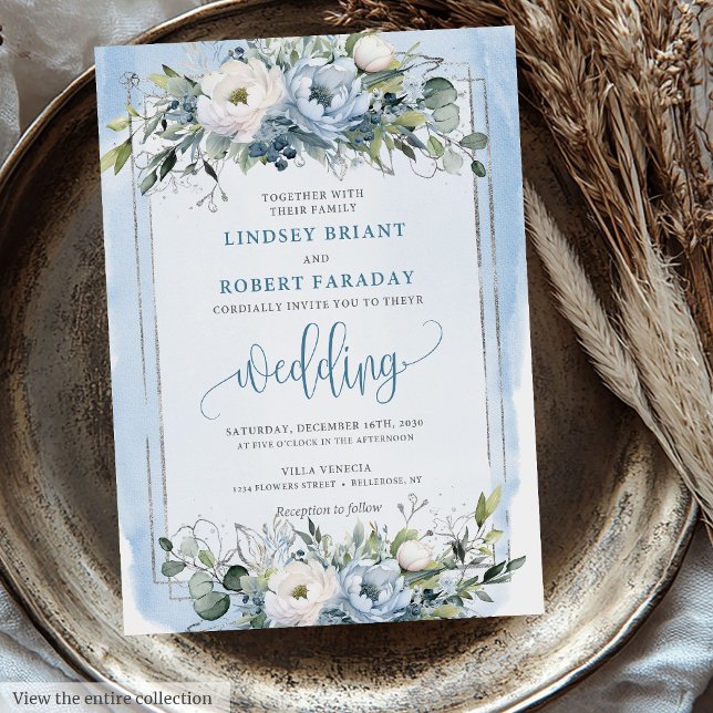 Rustic Boho Dusty Blue Silver Roses Wedding Invite (Rustic Boho Dusty Blue Silver Roses Wedding Invitation)