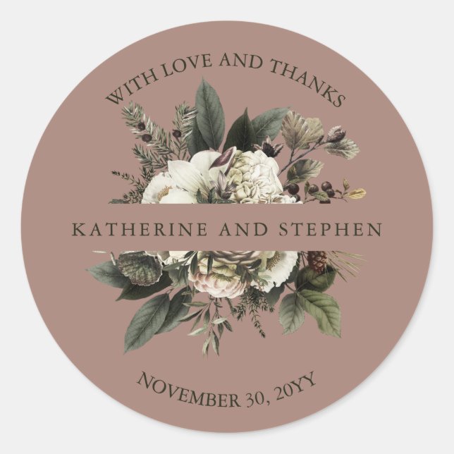 Rustic Boho Dusty Pink Floral Wedding Thank You Cl Classic Round Sticker (Front)