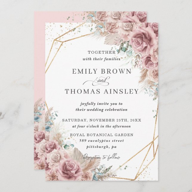 Rustic Boho Dusty Rose Blush Floral Pampas Wedding Invitation (Front/Back)