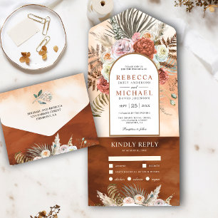 Rustic Boho Earthy Floral Arch Terracotta Wedding All In One Invitation