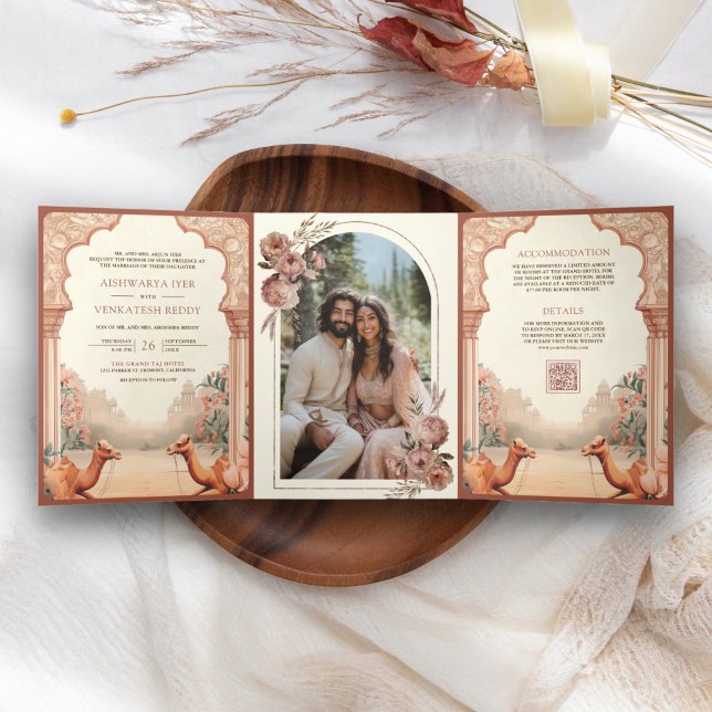 Rustic Boho Earthy Floral Indian Camel Wedding Tri-Fold Invitation (Creator Uploaded)