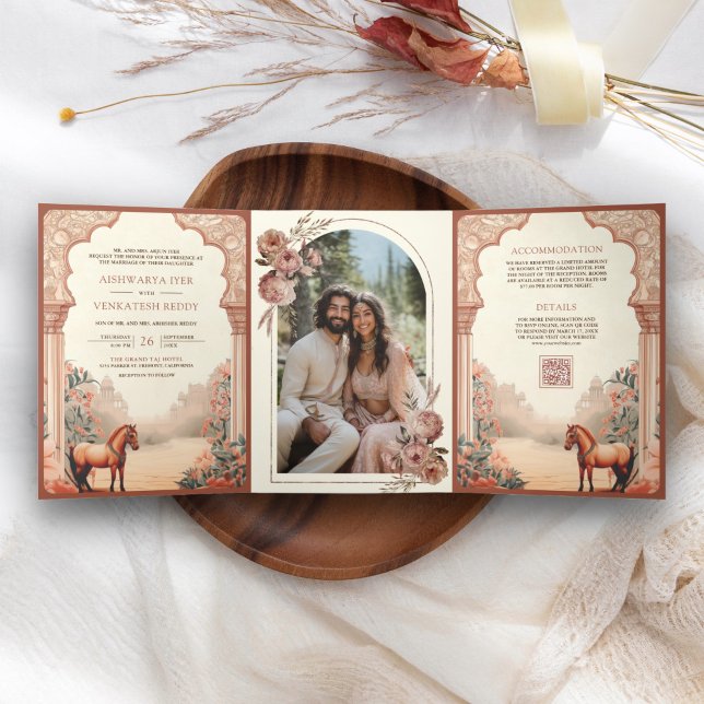 Rustic Boho Earthy Floral Indian Horse Wedding Tri-Fold Invitation (Creator Uploaded)