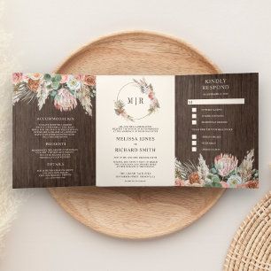 Rustic Boho Earthy Floral Pampas Barn Wood Wedding Tri-Fold Invitation