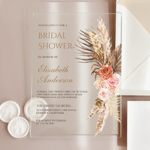 Rustic Boho Earthy Floral Pampas Bridal Shower Acrylic Invitations