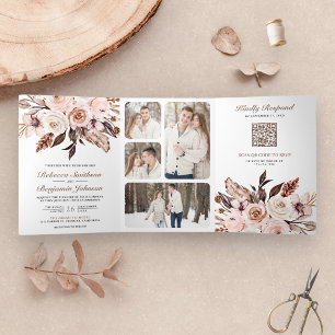 Rustic Boho Earthy Ivory Floral QR Code Wedding Tri-Fold Invitation