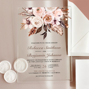 Rustic Boho Earthy Ivory Floral Wedding Acrylic Invitations