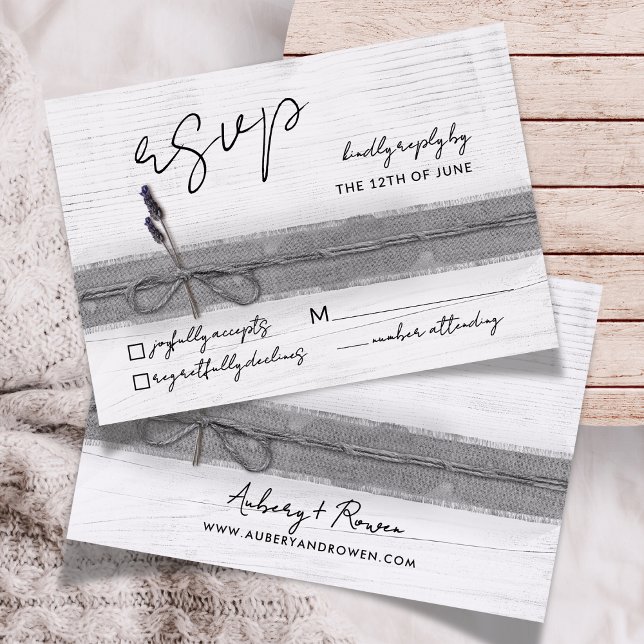 Rustic Boho Eco Faux Burlap Wood Lavender Wedding RSVP Card (Creator Uploaded)
