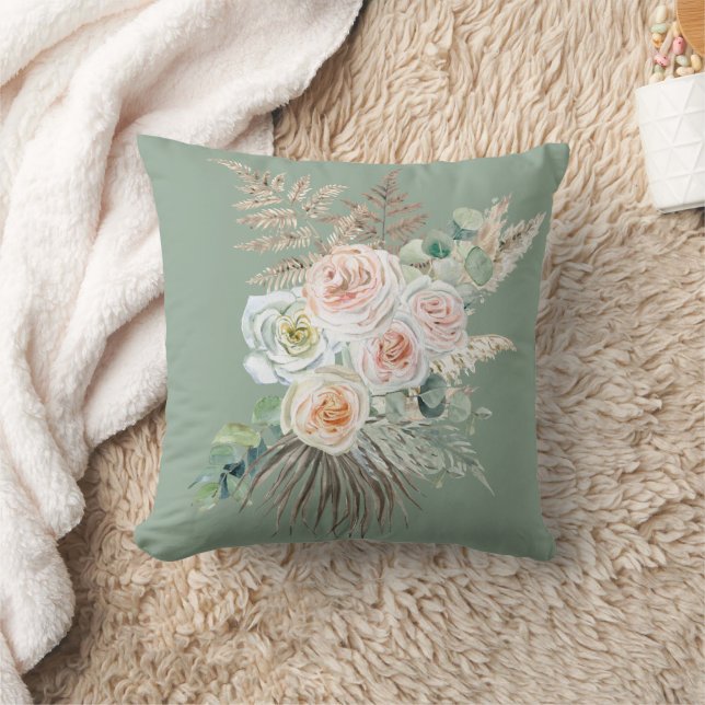 Rustic Boho Evergreen Pink Floral Pampas Cushion (Blanket)