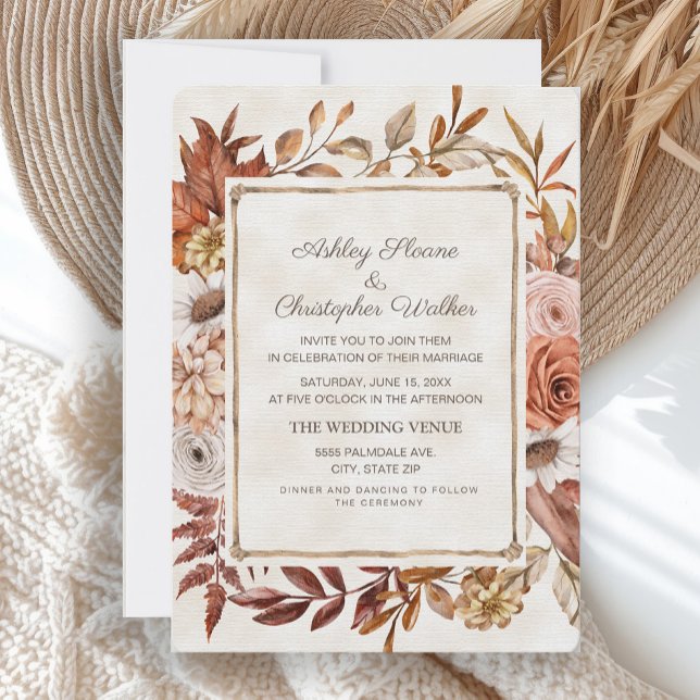 Rustic Boho Fall Autumn Floral Wedding Invitation (Rustic brown leaves and blush pink floral fall/autumn wedding invitation)